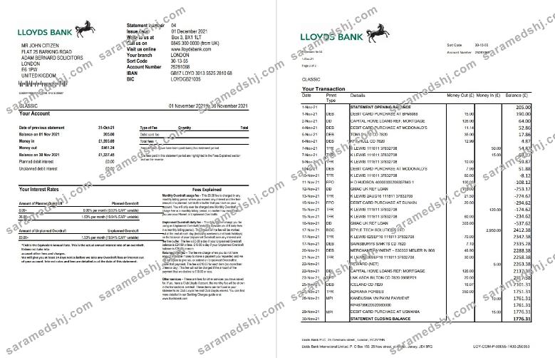 United Kingdom Lloyds bank statement template in Excel and PDF format (2 pages)